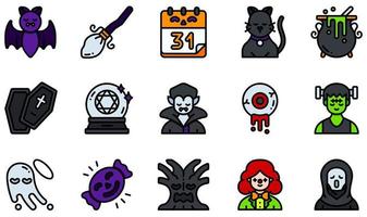 Reihe von Vektorsymbolen im Zusammenhang mit Halloween. enthält Symbole wie Fledermaus, Besenstiel, Katze, Sarg, Kristallkugel, Geist und mehr.