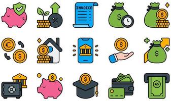 Reihe von Vektorsymbolen im Zusammenhang mit Bankgeschäften. Enthält Symbole wie Versicherung, Zinsen, Rechnung, Darlehen, Geld, Ersparnisse und mehr. vektor