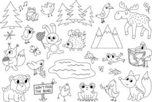 vektor svarta och vita skogsdjur, insekter och fåglar set. rolig skogsmark lägereld disposition ikoner samling. söt skog linje illustration för barn med berg, träd, älg, groda, björn.
