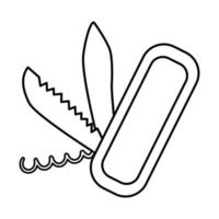 Vektor-Schwarz-Weiß-Klappmesser-Symbol isoliert auf weißem Hintergrund. Abbildung der tragbaren Umrissschneideausrüstung. Verschlussvorrichtung für aktiven Outdoor-Tourismus. Korkenzieher Bild vektor