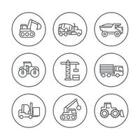 Baufahrzeuge Liniensymbole in Kreisen, schwere Maschinen, Baumaschinen, Vektorillustration