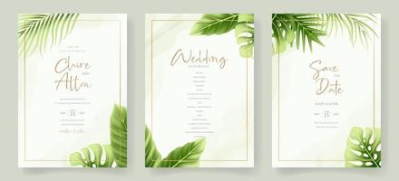 bröllopsinbjudan mall med realistiska tropiska sommarlöv vektor