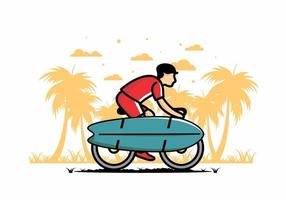 fahren sie fahrrad mit einer surfbrettillustration vektor