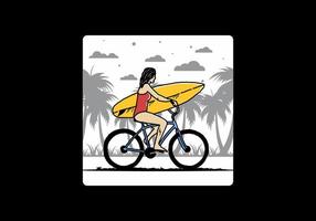 illustration av en kvinna som går och surfar på en cykel vektor