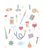 medizinische thematische elemente und gesundheitsartikel krankenhaus- und krankenwagenausrüstung vektor