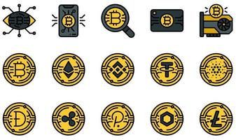 Satz von Vektorsymbolen im Zusammenhang mit Kryptowährung. enthält Symbole wie Smartphone, Suche, Kreditkarte, Grafikkarte, Bitcoin, Ethereum und mehr. vektor