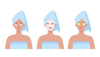 kvinna med en handduk på huvudet. kosmetiska plåster, en mask och gurkor i ansiktet, tre alternativ för egenvård hemma vektor