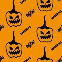 Vektor Halloween Musterdesign aus Kürbis, Süßigkeiten auf dem orangefarbenen Hintergrund. niedliche illustration für saisonales design, textil, dekoration kinderspielzimmer oder grußkarte. handgezeichnete drucke und gekritzel.