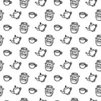 gezeichnetes nahtloses Muster des Vektors Hand mit Küchenikonen auf weißem Hintergrund. Doodle-Tasse, Becher, Teekanne, Kaffeekanne, Honigglas im Linienkunststil für ein Café-Dekor. Malvorlagen für Erwachsene und Kinder vektor