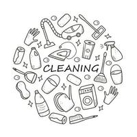 Vektor-Reinigungselemente im Doodle-Stil. eine Reihe von Zeichnungen von Reinigungsprodukten und -artikeln. Zimmerwaschset vektor
