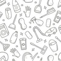 Nahtlose Muster Doodle-Stil Vektor-Reinigungselemente. eine Reihe von Zeichnungen von Reinigungsprodukten und -artikeln. zimmer waschset vektor