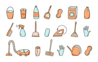 Vektor-Reinigungselemente im Doodle-Stil. eine Reihe von Zeichnungen von Reinigungsprodukten und -artikeln. Zimmerwaschset vektor