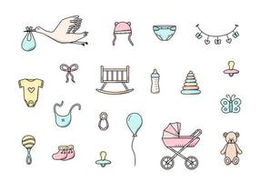 neugeborene symbole gesetzt. vektorillustration von elementen für ein kleines baby. Kinderwagen, Babyarbeit, Rasseln und Teddybären und vieles mehr vektor