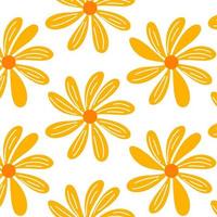 Hand gezeichnete Kamille, nahtloses Blumenmuster des Sommers lokalisiert auf weißem Hintergrund. dekorative Gekritzellinie Kunstblätter. tropischer hintergrund für hochzeitsdesign, verpackung, textilien, verzierte grußkarten vektor