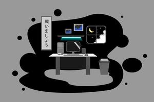 flache illustration der computer-desktop-einrichtung mit monitor, lautsprecher, tastatur, maus und cpu im hintergrund des rauminnenraums vektor