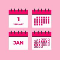 kalenderikonuppsättning med dag månad påminnelse och agenda med rosa röd färg vektor