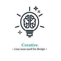 kreatives Ideensymbol isoliert auf weißem Hintergrund. symbolgehirn in der glühbirnenillustration, anzeichen für innovation, lösungen, intelligenz und kreativität für web- und mobile apps. vektor