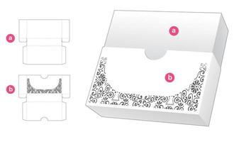 Schiebebox mit Schablone auf dem Deckel, gestanzte Schablone und 3D-Modell vektor