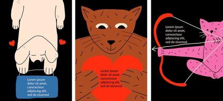 uppsättning handritade kort med katter och hund för alla hjärtans dag. vektor illustration