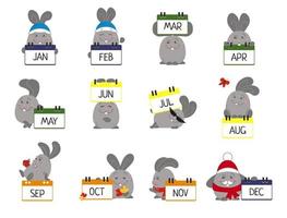 uppsättning kaniner med skyltar med månader vektor