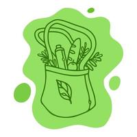 Öko-Tasche mit Produkten und Blättern. Zero Waste handgezeichnete Umriss-Doodle-Vektor-Illustration. vektor