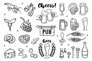 öl snacks och glas öl set kontur doodles med bokstäver premium vektor