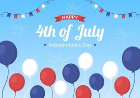 4. juli glücklicher unabhängigkeitstag usa-feiertagskarikaturillustration mit flagge, ballon oder festlichem feuerwerk für plakat- oder hintergrundschablone vektor