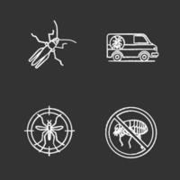 skadedjursbekämpning krita ikoner set. gräshoppa, utrotningsbil, myggmål, stoppa loppor. isolerade svarta tavlan vektorillustrationer vektor