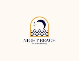 eleganter nachtstrand mit mond- und wellenlogo vektor