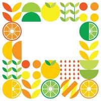 minimalistischer flacher Vektorrahmen im Zitrusfruchtsymbol. einfache geometrische Illustration von Orangen, Zitronen, Limonade und Blättern. abstraktes orangefarbenes Design auf weißem Hintergrund. gut für Poster oder Banner. vektor