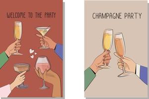 kristallweinglas martini champagner alkoholische getränke auf der party, partyeinladungen geburtstagskarte vektor gläser in den händen verschiedene hautfarben isoliert auf weiß bar restaurant menü design save the date
