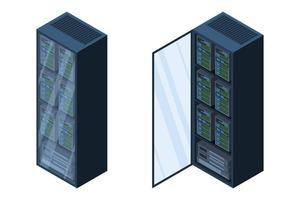 isometrische Server. Datenspeicher. 3D-Computerausrüstung. Speicherdatenbank. Geräte-Server-Netzwerk. Big-Data-Illustration vektor