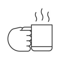 hand som håller koppen med varm dryck linjär ikon. tunn linje illustration. kaffe, te, kakao. kontur symbol. vektor isolerade konturritning