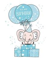 süßer entzückender babyelefant mit geschenkboxex und luftballons, es ist meine geburtstagsgrußkarte, karikaturtiercharakterillustration vektor