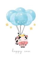 söt glad babyko flyter på himlen av blå grupp av ballonger, baby shower födelsedag ko bonddjur vattenfärg handritad vektorillustration vektor