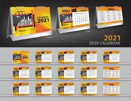 kalender 2021, 2022, 2023 år mall vektor och 3d mockup skrivbordskalender, inställd skrivbordskalender 2021 vektor kreativ design, orange omslagsdesign, set med 12 månader, veckan börjar söndag, pappersvaror.