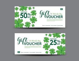 st. patrick's day presentkort, grön presentkortsmall, kupongdesign, certifikat, biljettmall, rabattkort, rea banner design, vektorillustration vektor