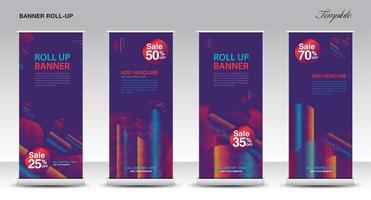 Lila Roll-Up-Banner-Vektorvorlage, Roll-Up-Banner für moderne Ausstellungswerbetrends, Stand, Poster, Broschüre, flaches Design, Präsentation, Display, X-Banner, Flaggenbanner. Aktienvektor. vektor