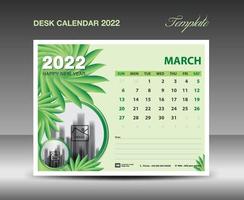 kalender 2022 design, mall för mars månad, mall för skrivbordskalender 2022 gröna blommor naturkoncept, planerare, kreativ idé för väggkalender, annons, utskriftsmall, vektor eps10