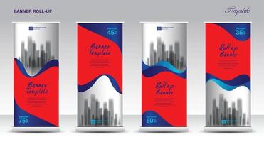 rote Roll-Up-Banner-Vektorvorlage, moderne Messe-Werbetrend-Business-Roll-Up-Banner, Stand, Poster, Broschüre, flaches Design, Präsentation, Display, X-Banner, Flaggen-Banner. Aktienvektor. vektor