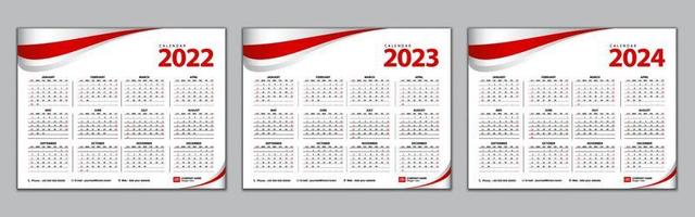 kalender 2022,2023,2024 röd färg vektor