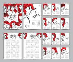 Tischkalender 2021 Vorlagensatz, Kalender 2022-2023, Beschriftungskalender, handgezeichnete Cartoon-Hipster-Leute-Vektorillustration kann für Postkarten, Geschenkkarten, Banner, Poster und zum Ausdrucken verwendet werden vektor