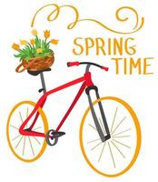 rotes fahrrad mit gelben tulpenblumen in einem korb und der aufschrift frühlingszeit. hand gezeichnete vektorillustration. geeignet für Website, Aufkleber, Grußkarten, Geschenkpapier. vektor