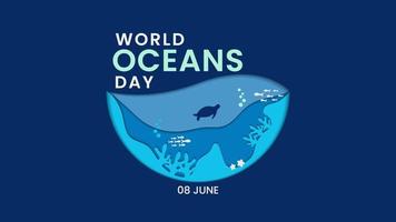 vektorgrafik av världshavens dag hälsningstext. med korallrev vektor och några havsdjur. använder pappersklippsstil och lämpar sig för att göra gratulationskort på World Oceans Day-evenemang