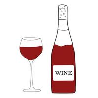 rött vin i en flaska med ett glas bredvid doodle vektorillustration. vektor