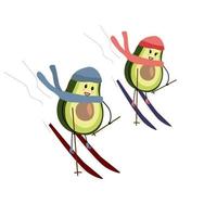 vektorillustration von avocadozeichen, die zusammen skifahren. Junge und Mädchen fahren Ski. Avocado-Clipart vektor