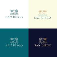 vektor logotyp mall med villa och palmer - abstrakt sommar och semester ikon och emblem för semesteruthyrning, resetjänster, tropiska spa och skönhetssalong. san diego realty logotypdesign