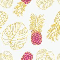 palmblätter, monstera, ananas nahtloser musterhintergrund. exotisches Dschungel-Geschenkpapier. schöner Druck mit handgezeichneten exotischen Pflanzen. sommerdesign für mode, druck, textil und stoff. vektor