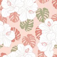 Hibiskusblüten und Blätter Musterdesign Hintergrund. tropisches naturverpackungspapier oder textildesign. schöner Druck mit handgezeichneter exotischer Blume. vektor