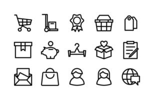 Symbole für E-Commerce-Linien, darunter Einkaufswagen, Trolley, Medaille, Korb, Tags, Geschenk, Schweinchen, Aufhänger, Schachtel, Zwischenablage, Post, Tasche, Mann, Frauen, Internet vektor